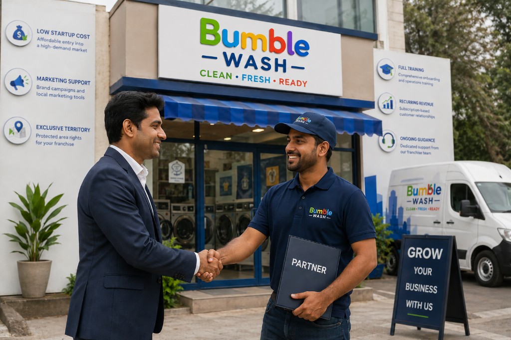 Bumble Wash franchise partnership — handshake at storefront with training, marketing support, and exclusive territory benefits